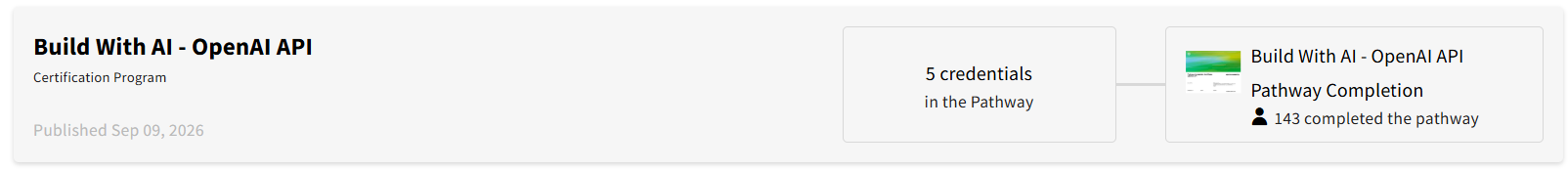 Portale del percorso Build With AI — OpenAI API: cinque credenziali e 143 completamenti registrati.